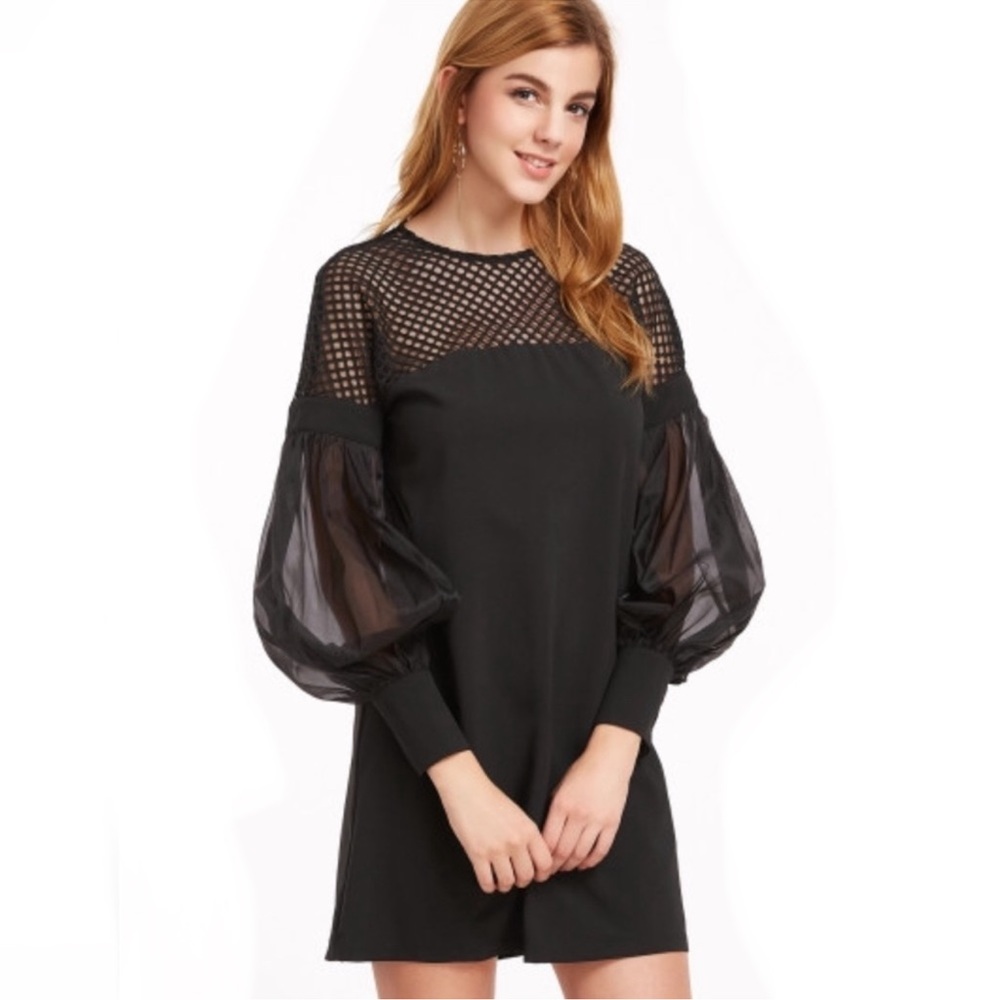 Black Eyelet Mesh Shoulder W/Sheer Sleeves Dress